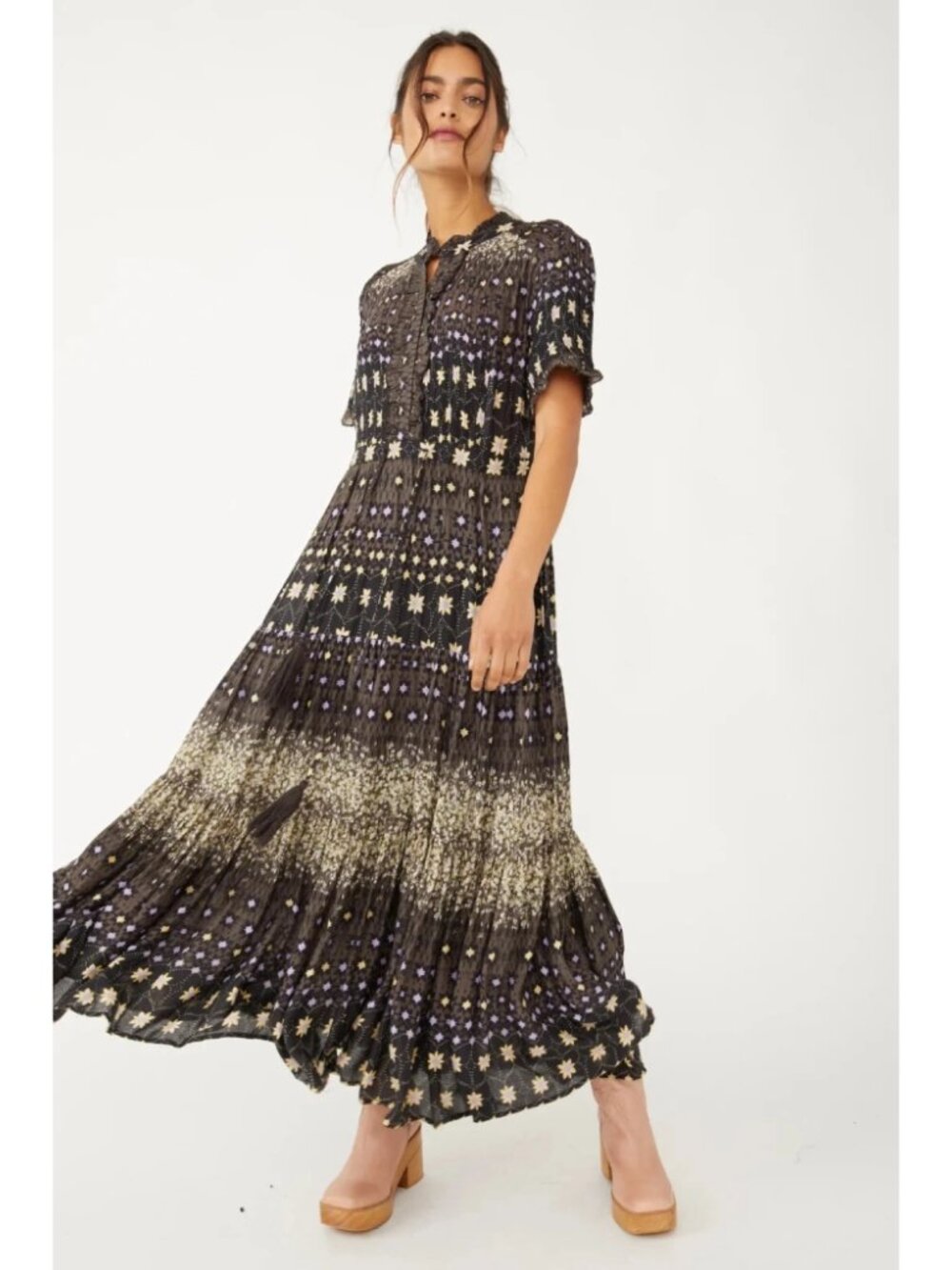 Free People Rare Feelings Black Floral Fringe Tie Ruffled Maxi Dress Boho Size L